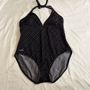 Speedo black polka dot one piece halter swimsuit size 18